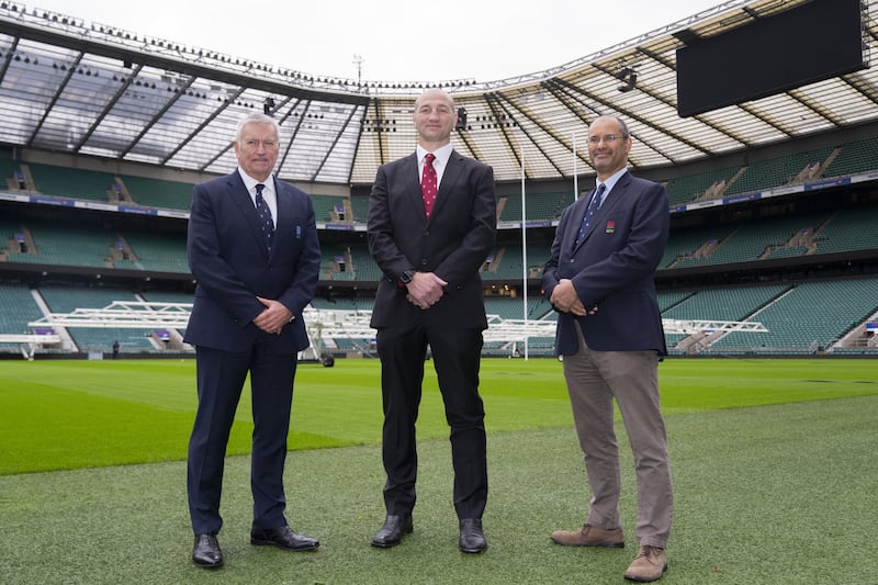 RFU chief executive officer Bill Sweeney, left, with England men’s head coach Steve Borthwick and former RFU chairman Tom Ilube at Twickenham