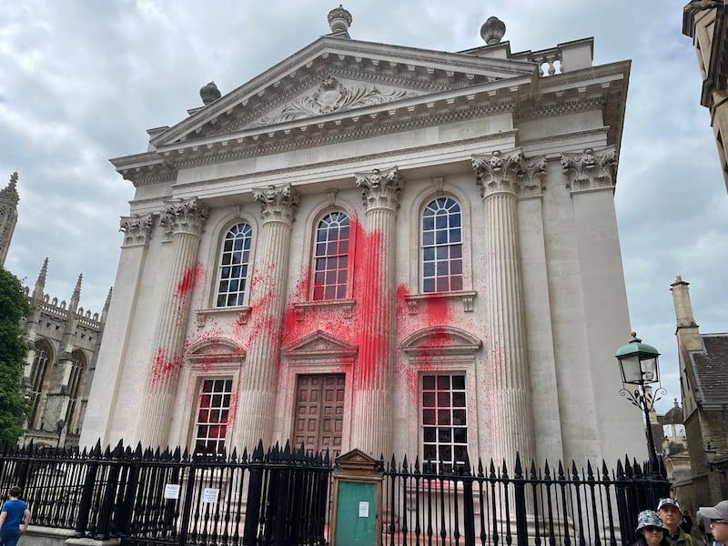 Senate House in Cambridge after pro-Palestinian protesters sprayed red paint on the historic building