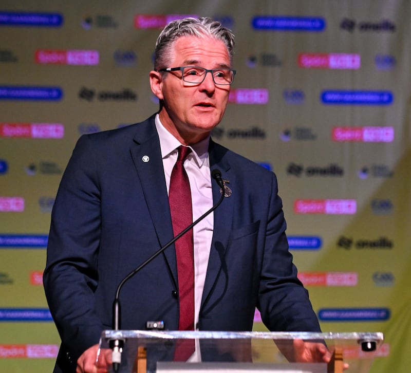 Jarlath Burns speaking at the opening ceremony of the oneills.com World Wallball Championships in the University Concert Hall in Limerick. Photo by Stephen Marken/Sportsfile