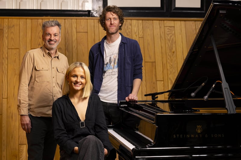 Mel Raeburn with producers Tim Bran and Ben Burrows during the recording of her version of Sonnet