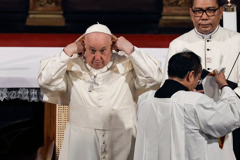 Francis met members of the Catholic community at the Jakarta Cathedral (Pool via AP)