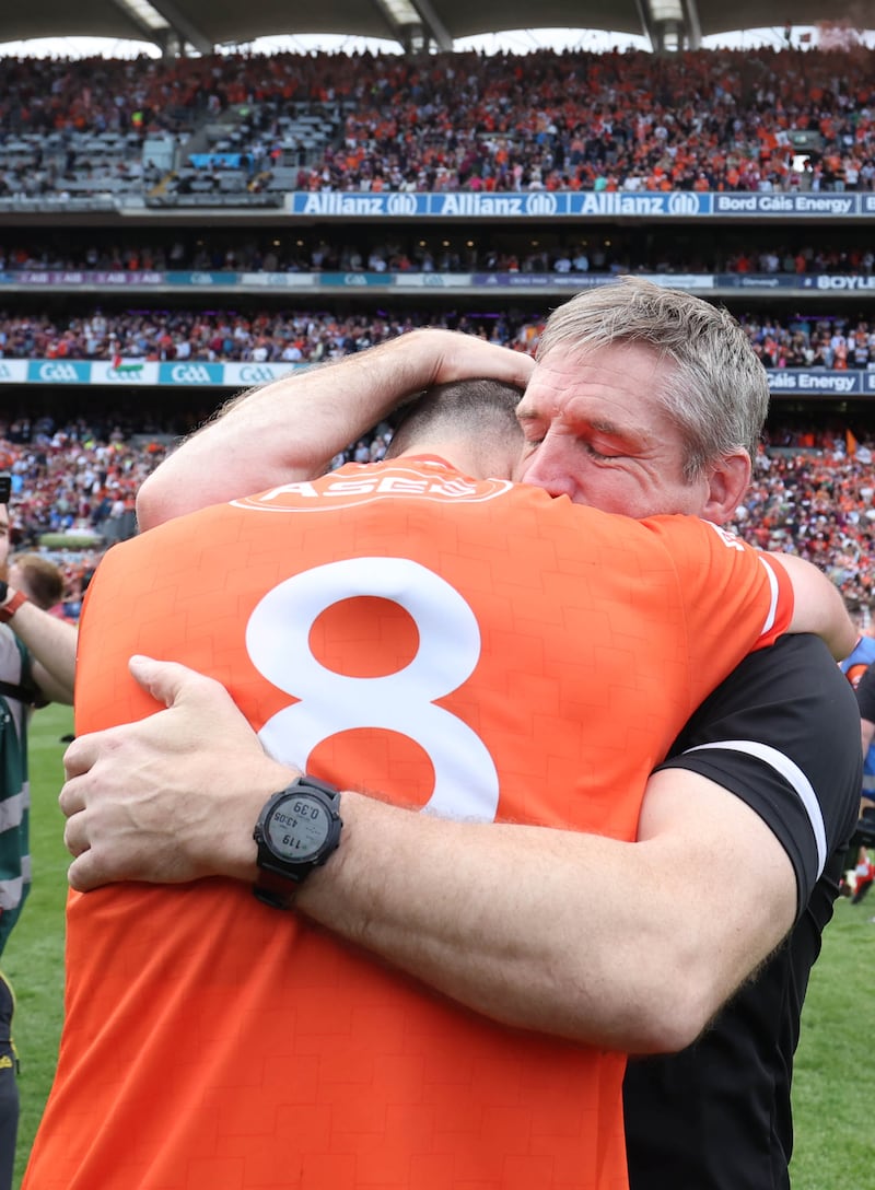 Armagh celebrate   during Sunday’s All-Ireland SFC Final at Croke Park in Dublin. 
PICTURE COLM LENAGHAN