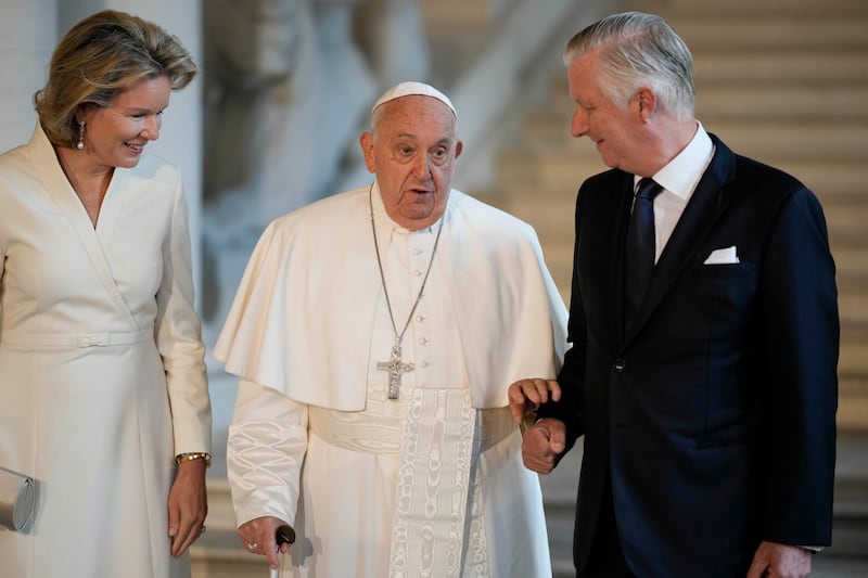 Pope Francis meets King Philippe and Queen Mathilde in the Castle of Laeken, Brussels (Andrew Medichini/AP)