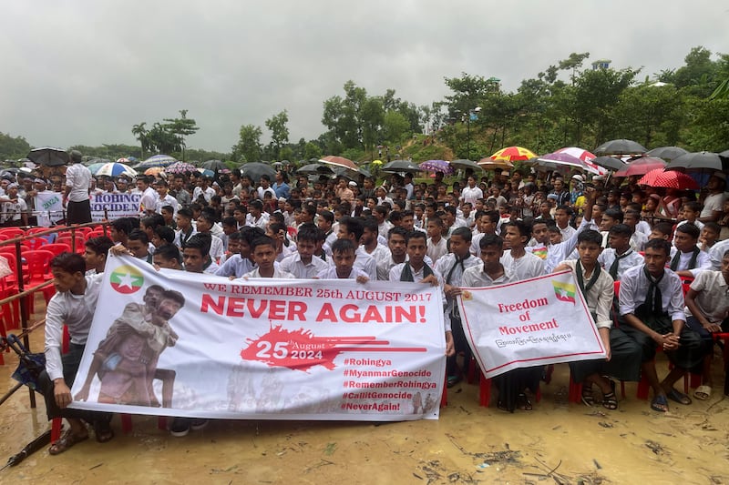 As the protests took place in camps in Bangladesh, the UN and other rights groups expressed their concern over the ongoing chaos in Myanmar (Shafiqur Rahman/AP)