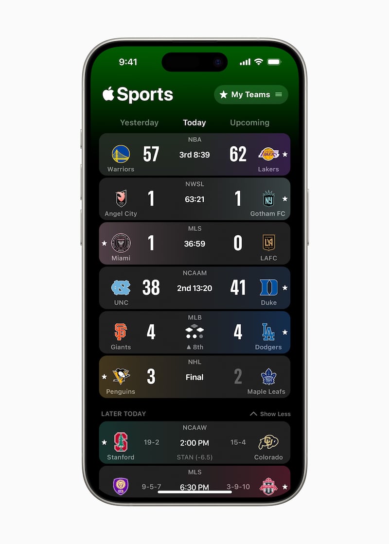 The Sports app enables users to follow multiple sports, leagues and teams at the same time. (Apple)