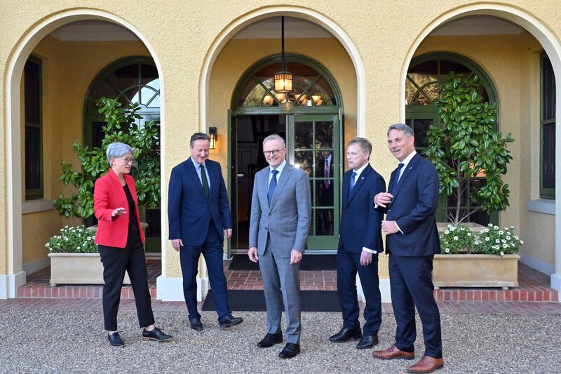 Foreign Secretary David Cameron, second left, and Defence Secretary Grant Shapps, second right, with Australian Foreign Minister Penny Wong, Prime Minister Anthony Albanese, centre, and Deputy Prime Minister Richard Marles at the Prime Minister’s residence in Canberra (Mick Tsikas/AAP Image/AP)