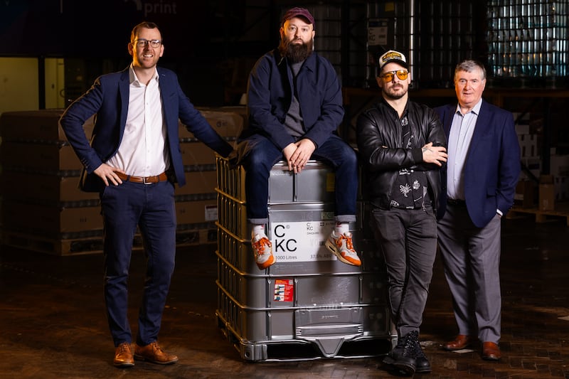 Stuart Gaffikin of Clarendon Fund Managers and Trevor Annon are pictured with Cocktail Keg Company founders Burnszy and Soda.