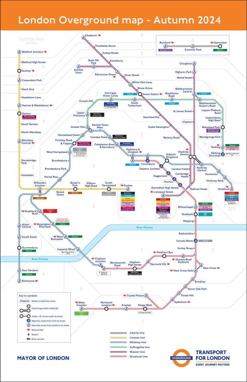 The new London Overground line names and colours (TfL)