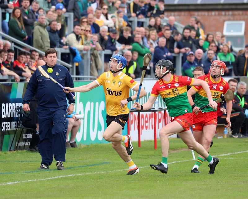 James McNaughton controlling the ball against Carlow at Corrigan Park