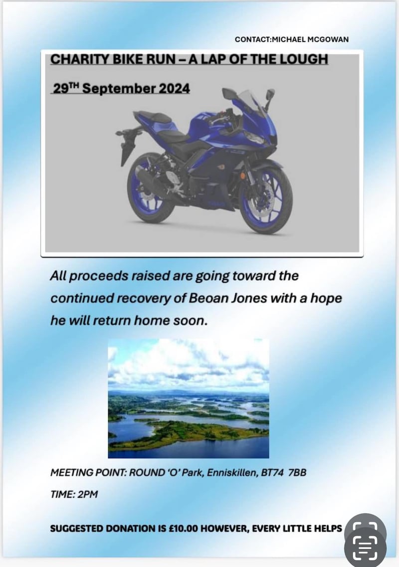 A sponsored bike run around Lough Neagh will take place this Sunday to raise funds for Beoan's ongoing recovery.