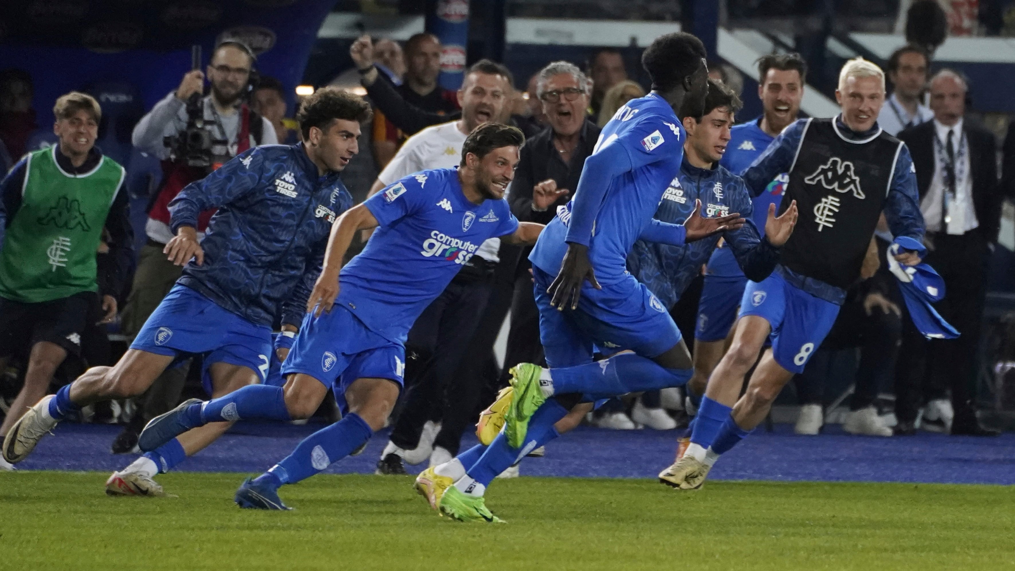 M’Baye Niang celebrates after scoring the goal which kept Empoli in Serie A (Marco Bucco/LaPresse via AP)