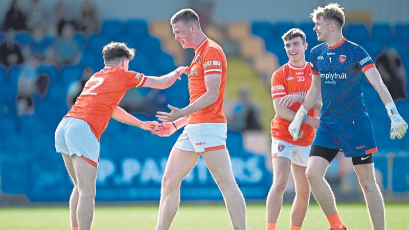 Armagh players, from left, Tomás Fox, Jack Loughran, Danny McGee and Michael Finnegan celebrate after their side's victory in the Electric Ireland GAA Football All-Ireland Minor Championship semi-final match between Armagh and Mayo at Glennon Brothers Pearse Park in Longford. Photo by Sam Barnes/Sportsfile
PHOTOGRAPHER/CREATO