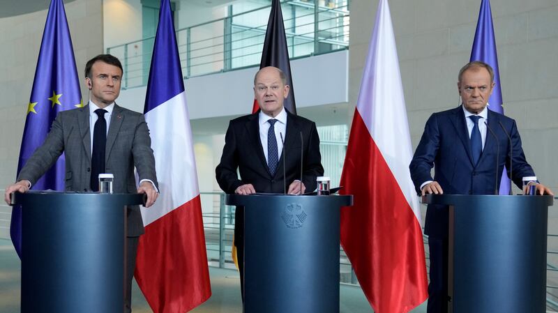 German Chancellor Olaf Scholz, France’s President Emmanuel Macron and Poland’s Prime Minister Donald Tusk met in Berlin for the so-called ‘Weimar Triangle’ talks (Ebrahim Noroozi/AP)