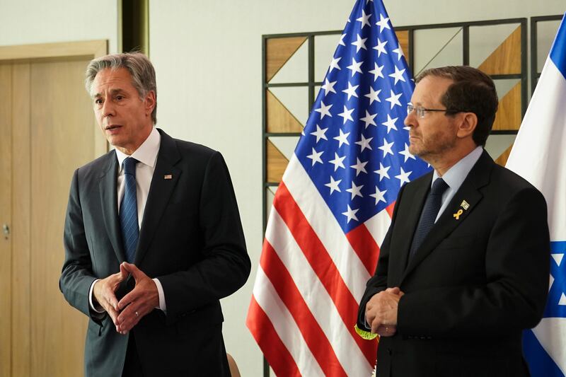 US Secretary of State Antony Blinken met with Israel’s President Isaac Herzog (Nathan Howard/Pool via AP)