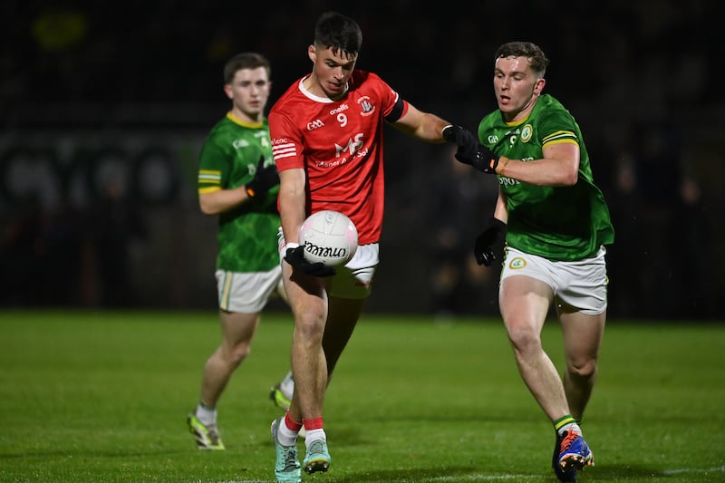 Liam Gray shaping to shoot against Dungannon, the midfielder scored two points as Trillick got to another Tyrone SFC final