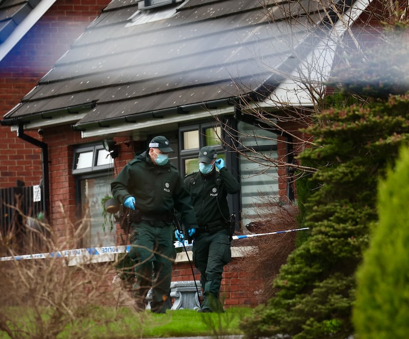 Police carry out searches at the scene following the sudden death of a woman at a property in the Laurel Heights area of Banbridge. PICTURE COLM LENAGHAN