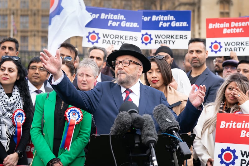 George Galloway speaking to the media at Parliament Square in central London, where he announced the selection of hundreds of Workers Party General Election candidates in April