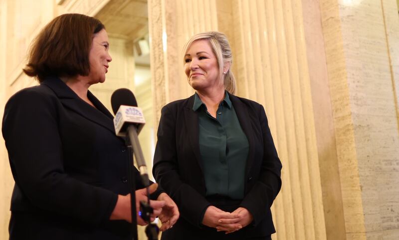 Sinn Fein Leader Mary Lou McDonald , First Minister in Waiting Michelle O’Neill and Conor Murphy speak to the media on Tuesday, after  the DUP's agreement to return to the NI Assembly - after agreeing to a package of measures put forward by the government.
PICTURE: COLM LENAGHAN