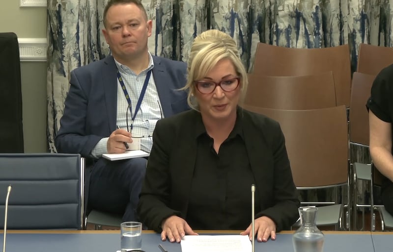 First Minister Michelle O’Neill appearing before the Stormont Executive Office committee on Wednesday.