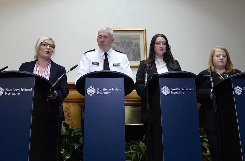 First Minister of Northern Ireland Michelle O’Neill, PSNI Chief Constable Jon Boucher, Deputy First Minister Emma Little-Pengelly and Alliance Party leader Naomi Long