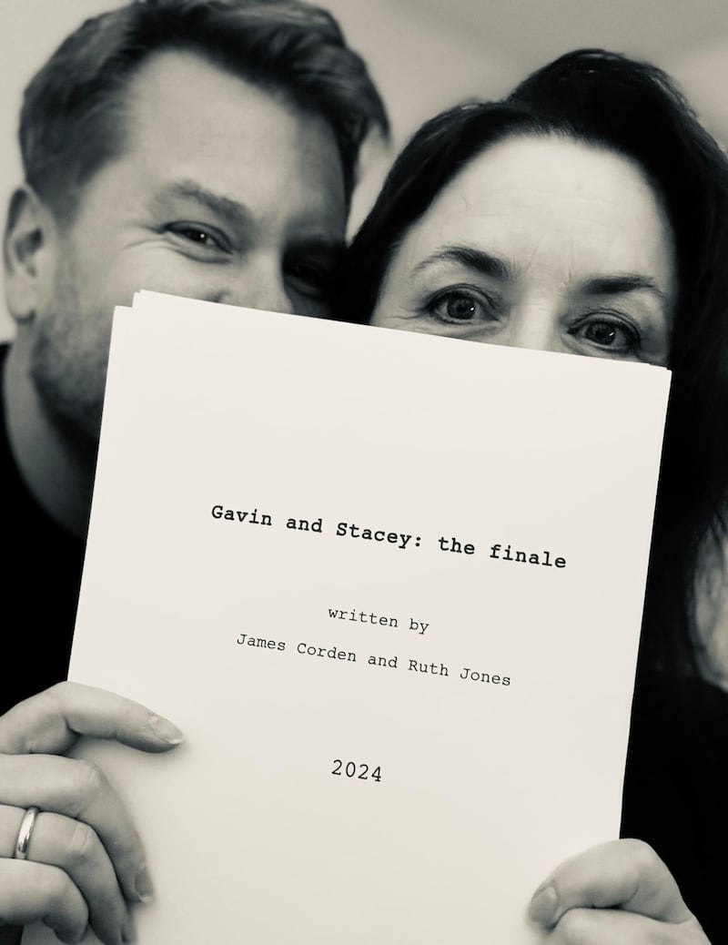 James Corden and Ruth Jones holding a script for Gavin and Stacey: The Finale