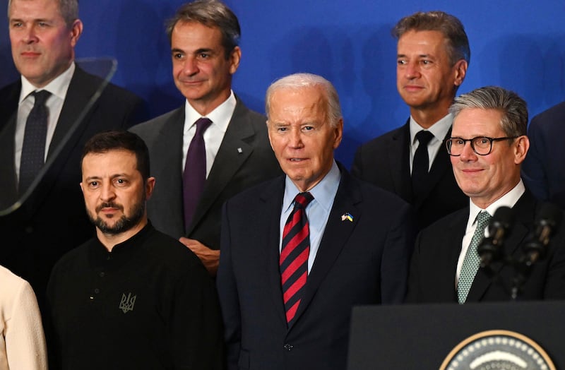 US President Joe Biden with Ukraine’s President Volodymyr Zelensky (Leon Neal/Pool Photo via AP)