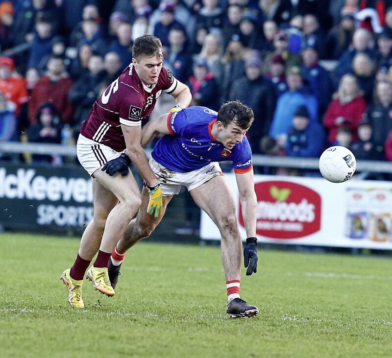 Armagh&#39;s Ethan Rafferty and Galway&#39;s Robert Finnerty in action during the Allianz Football League Division One game between Armagh and Galway on 03-18-2023 at The BOX-IT Athletic Grounds Armagh. Pic Philip Walsh. 