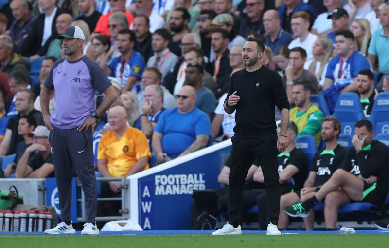 Roberto De Zerbi (right) is a potential contender to replace Liverpool manager Jurgen Klopp (left) when he departs at the end of the season