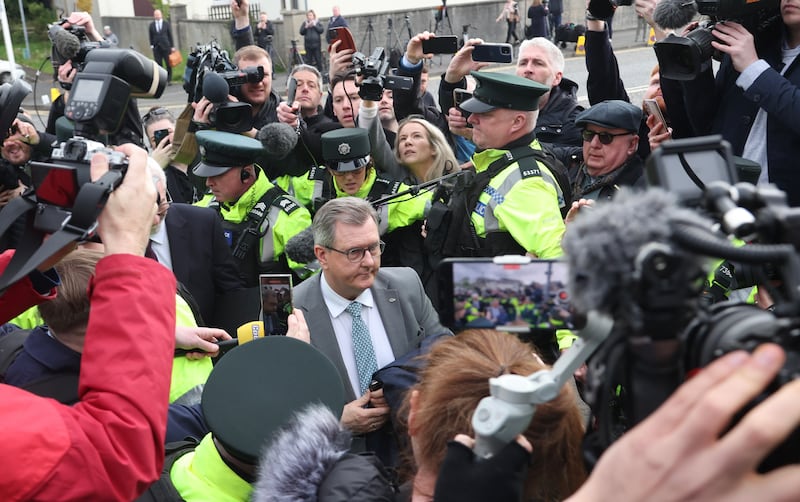 Former DUP leader Sir Jeffrey Donaldson appears at Newry Court on Wednesday,  accused of historical sex offences.
PIC COLM LENAGHAN