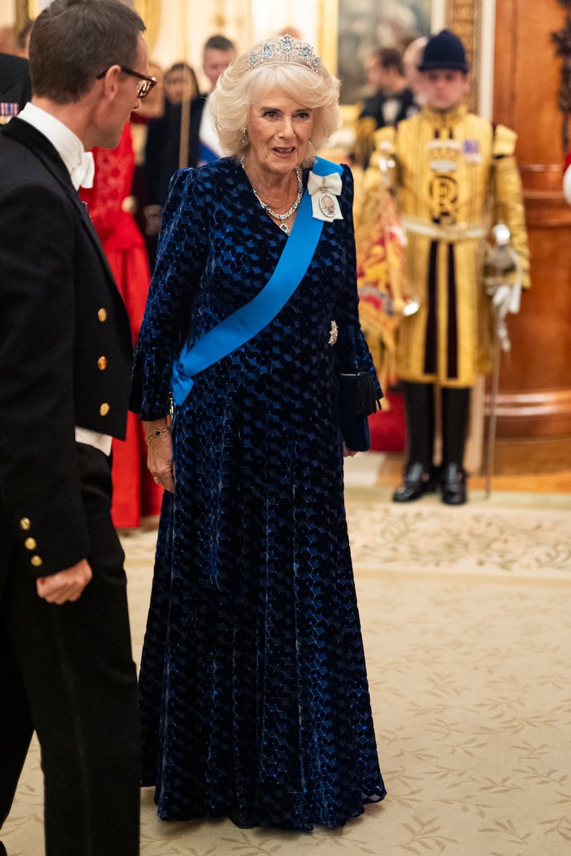 The Queen wore the late Queen’s small aquamarine tiara to the Diplomatic Corps reception on Tuesday evening