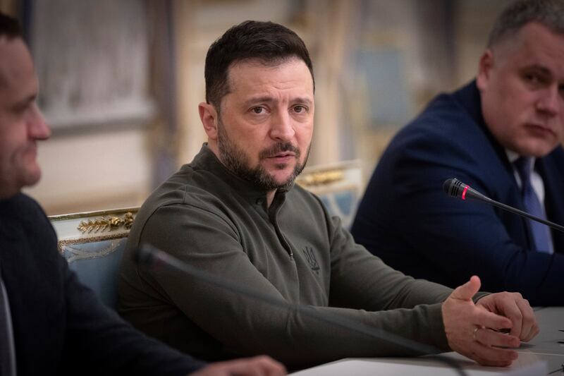 Ukrainian President Volodymyr Zelensky speaks during his meeting with President of the European Investment Bank Nadia Calvino in Kyiv (Efrem Lukatsky/AP)