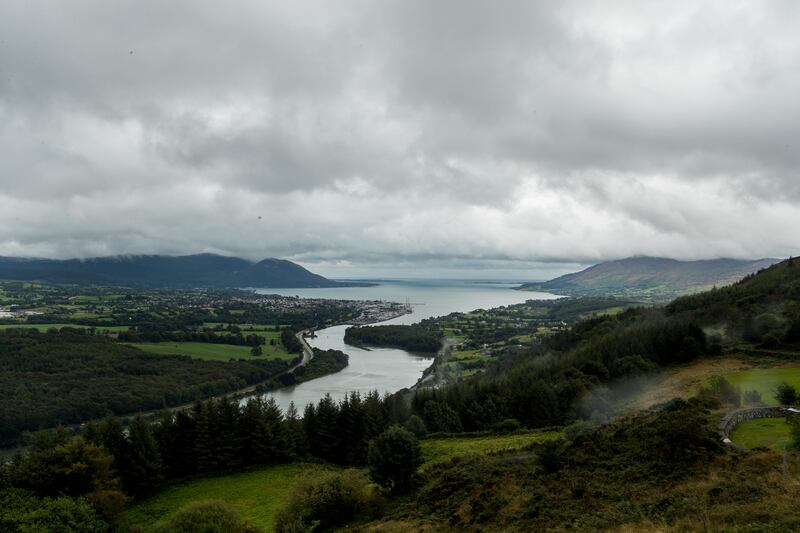 Narrow Water Point and Warrenpoint Port seen from from Flagstaff Viewpoint on the hills outside Newry where the Newry River flows out to Carlingford Lough, the UK and Republic of Ireland share a border through the lough