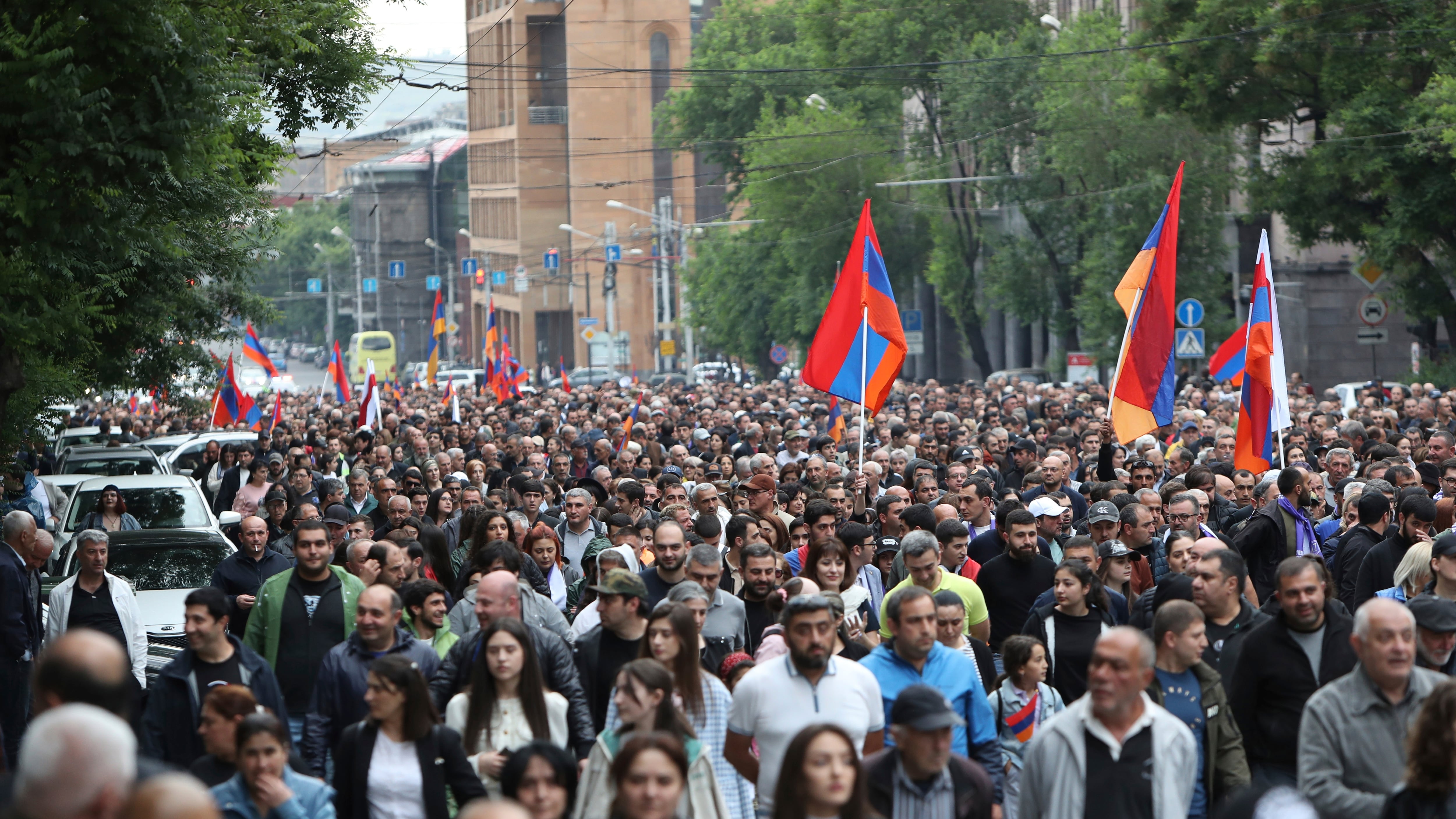 Tens of thousands of demonstrators have held a protest in the center of the capital calling for the resignation of the prime minister (Stepan Poghosyan/AP)