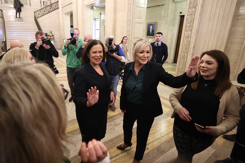 Sinn Fein president Mary Lou McDonald (centre) and vice president Michelle O’Neill wave after speaking to students from Mount Lourdes Grammar in Enniskillen at Stormont