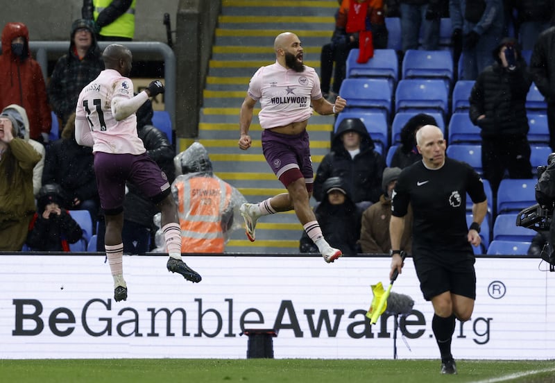 Brentford’s Bryan Mbeumo celebrates scoring his side’s first goal with a retaken penalty against Crystal Palace