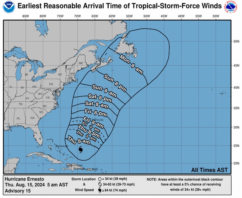 The predicted path of areas impacted by tropical-storm-strength winds over the coming days. (National Hurricane Center/NOAA)