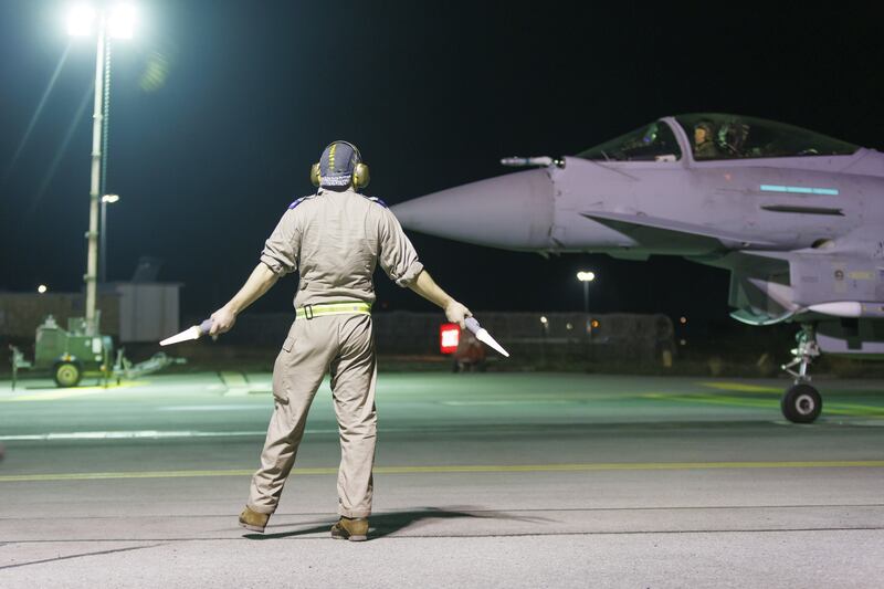 An RAF Typhoon FGR4 aircraft returns to base following strikes against Houthi targets in Yemen
