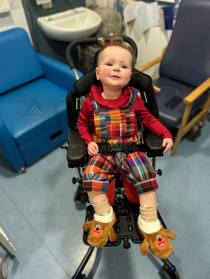 Alex Chambers in her support chair at the Royal Belfast Hospital for Sick Children