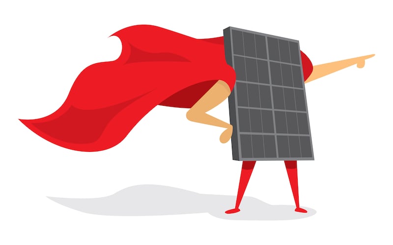 GDKB53 Cartoon illustration of energy solar panel as super hero with cape