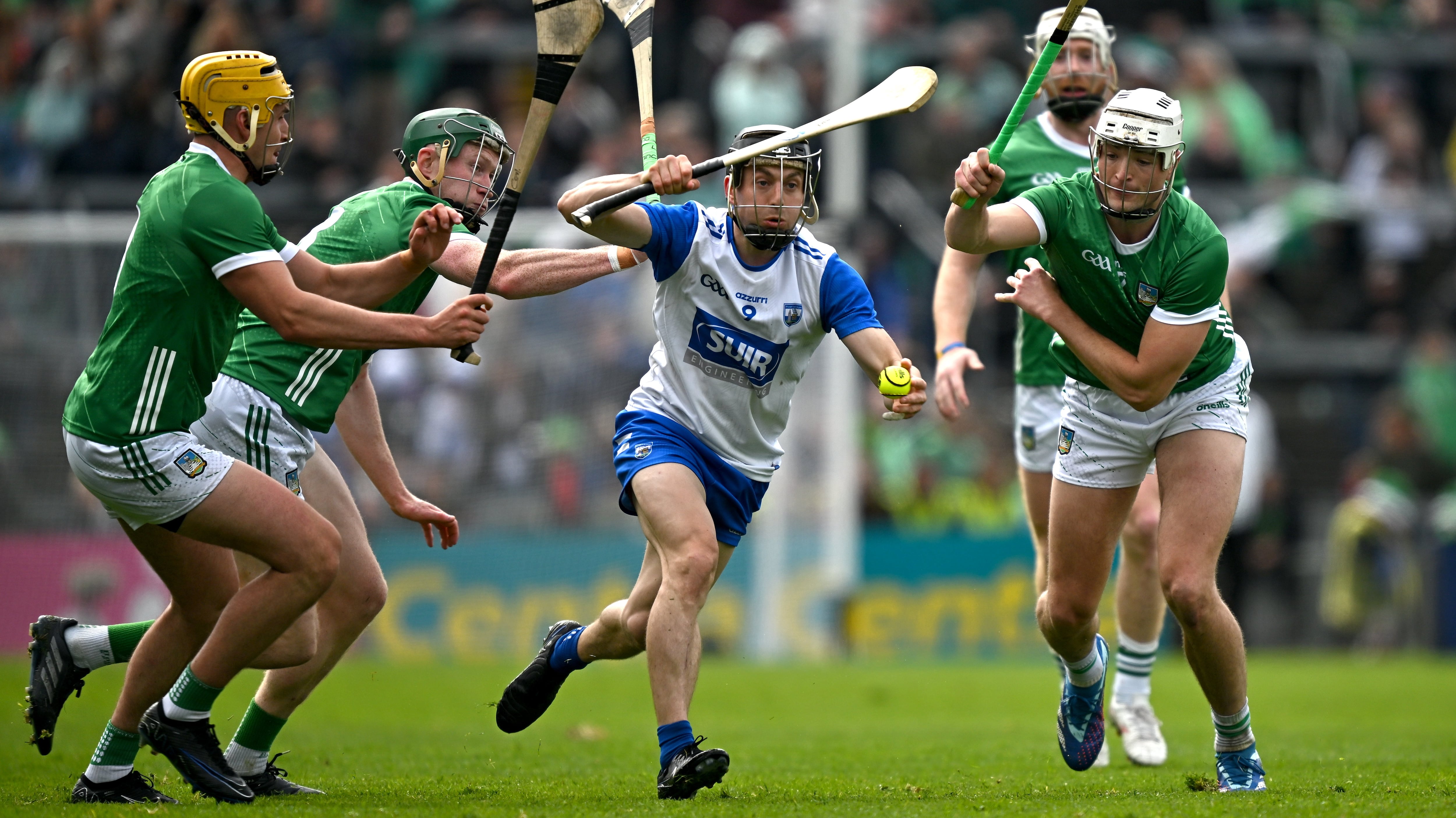 26 May 2024; Jamie Barron of Waterford in action against from left, Cathal O'Neill, Will O'Donoghue and Kyle Hayes of Limerick during the Munster GAA Hurling Senior Championship Round 5 match between Limerick and Waterford at TUS Gaelic Grounds in Limerick Photo by Sam Barnes/Sportsfile