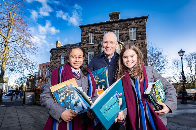 Victoria College Year 8 students Rosie Quinn and Haifa Alswailem and  Johnny Hanna, Partner in Charge KPMG Belfast at the shortlist announcement of the KPMG Children’s Books Ireland Awards 2025 in Belfast’s Crescent Arts Centre. The shortlisted titles will compete for six awards at the KPMG Children’s Books Ireland Awards as part of the International Literature Festival Dublin on 19th May. PICTURE: BRIAN MORRISON