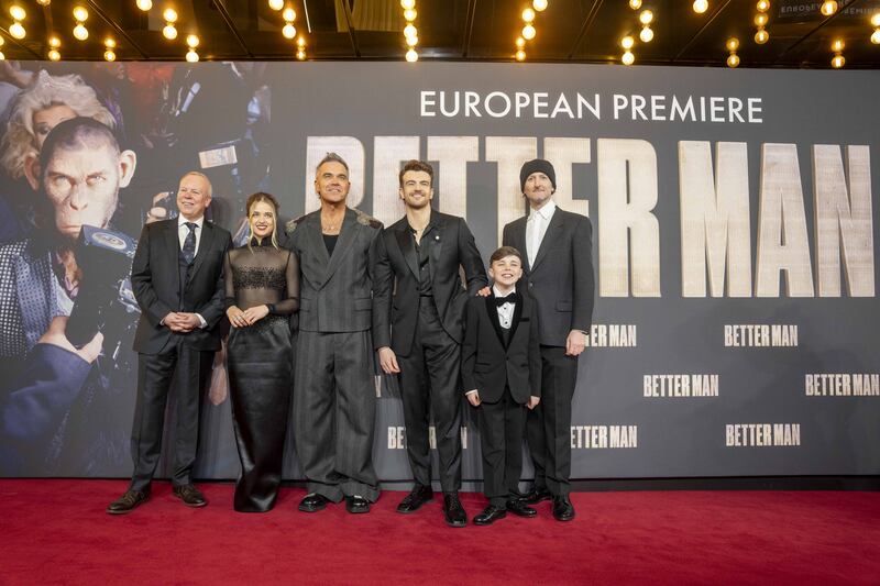 Steve Pemberton, Raechelle Banno, Robbie Williams, Jonno Davies, Carter J Murphy and Michael Gracey attending the European premiere for Better Man