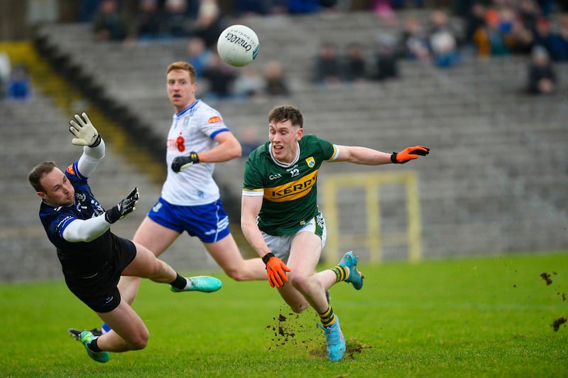 Kerry’s Cillian Burke is denied a goal by Monaghan keeper Darren McDonnell