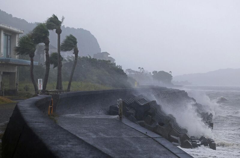 High waves hit a coastal area in Ibusuki, Kagoshima prefecture, western Japan (Hidetaka Komukai/Kyodo News via AP)