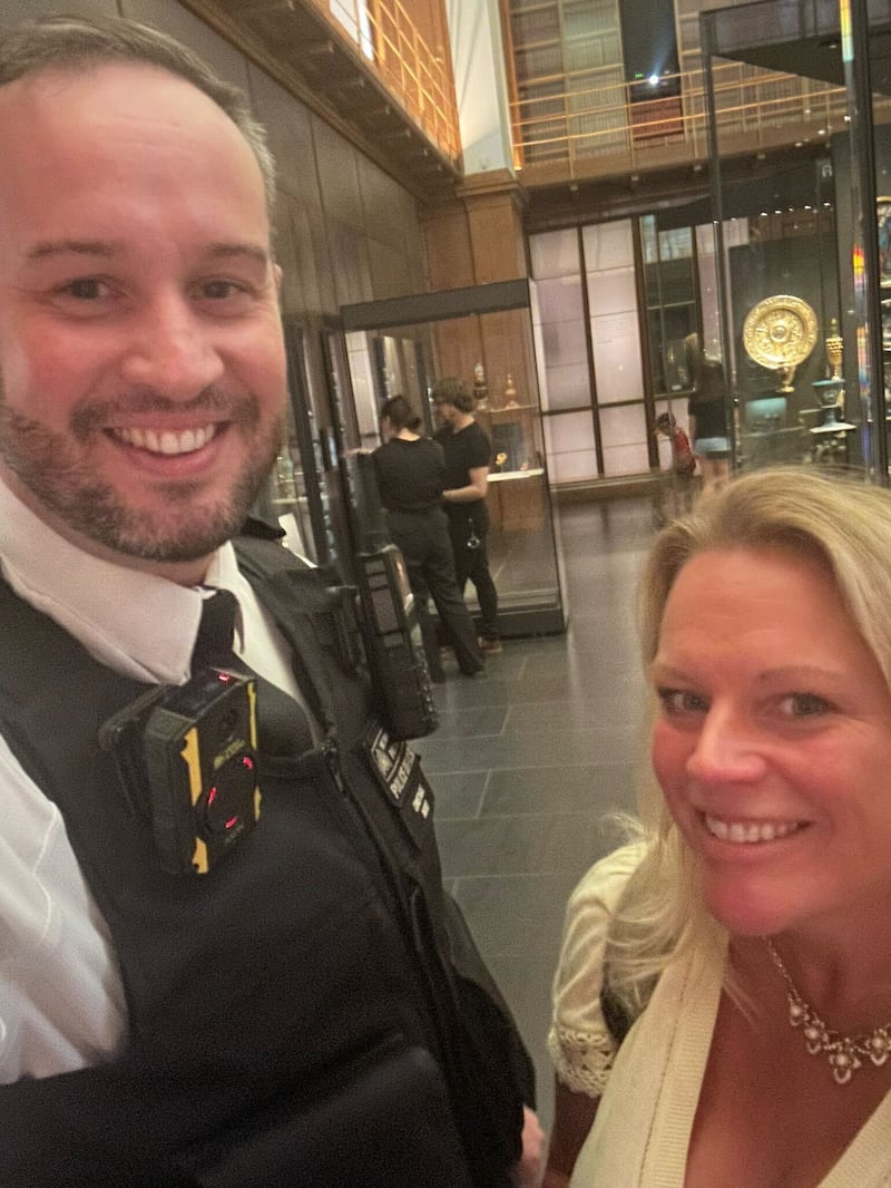 Kate MacLeod (right) with the Metropolitan Police officer who arrested a man for upskirting at the British Museum.