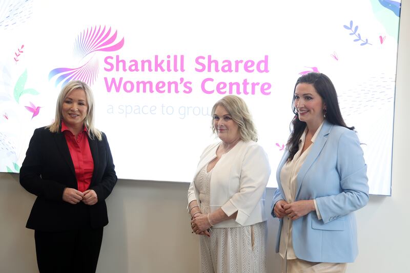 Deputy FIrst Ministers Michelle O'Neill and Emma Little Pengelly attending the official Opening of the Shankill Womens Centre pictured with Betty Carlisle Chief Executive of Shankill Womens Centre . PICTURE: MAL MCCANN