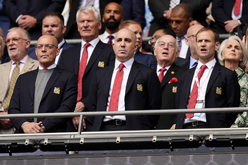 Sir Dave Brailsford, left, Omar Berrada, centre, and Dan Ashworth, right, pictured at Manchester United’s Community Shield match against Manchester City at Wembley last month