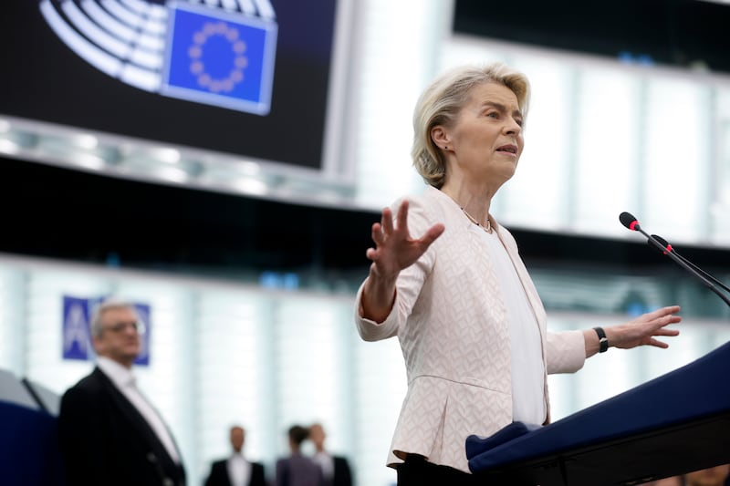 Ms von der Leyen addressed the parliament ahead of the vote (Jean-Francois Badias/AP)