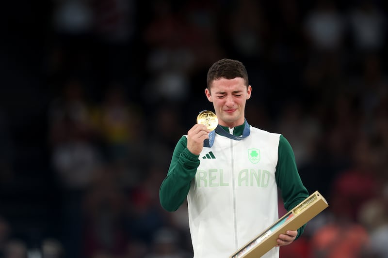 Emotions get the better of Rhys McClenaghan as he celebrates winning Olympic gold on Saturday. Photo by Julian Finney/Getty Images