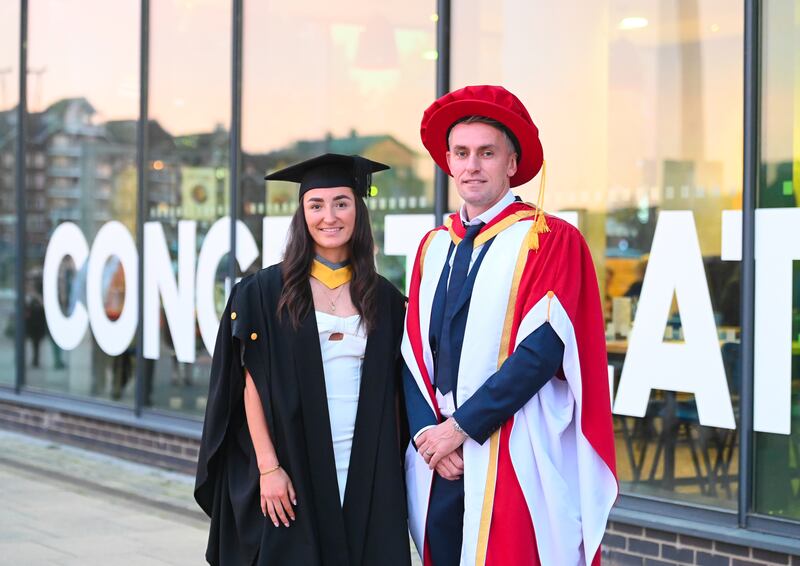 Ipswich Town manager Kieran McKenna alongside Sophie Peskett, 21, who is Ipswich Town’s only professional female player and has graduated with a first-class degree.